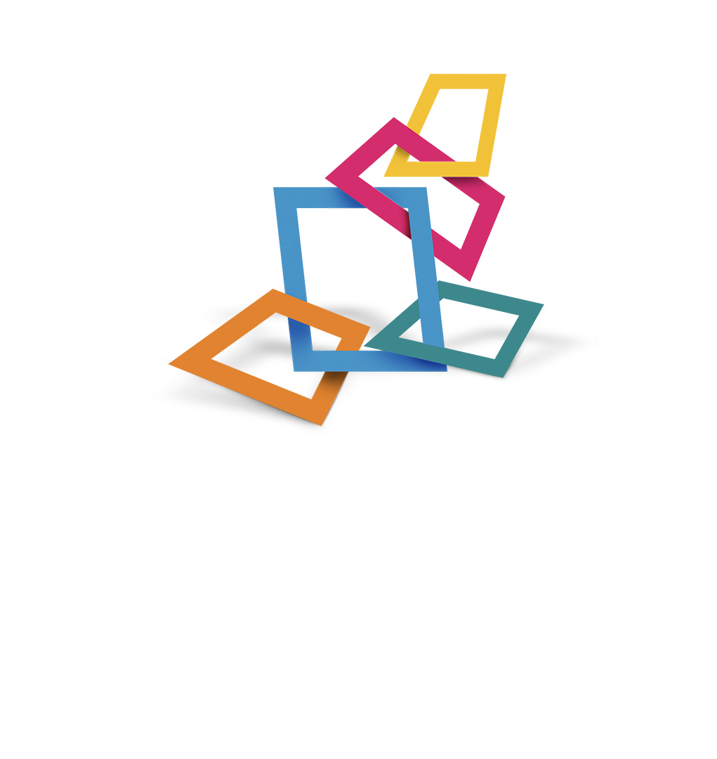 A deconstructed version of the BSQ Group logo with the coloured four-sided shapes of the logo linked in a random fashion for Desktop
