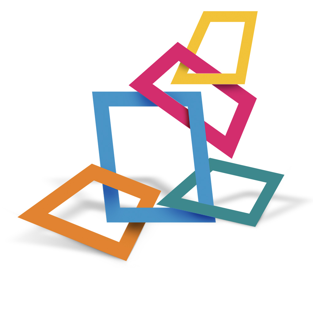 A deconstructed version of the BSQ Group logo with the coloured four-sided shapes of the logo linked in a random fashion for Desktop